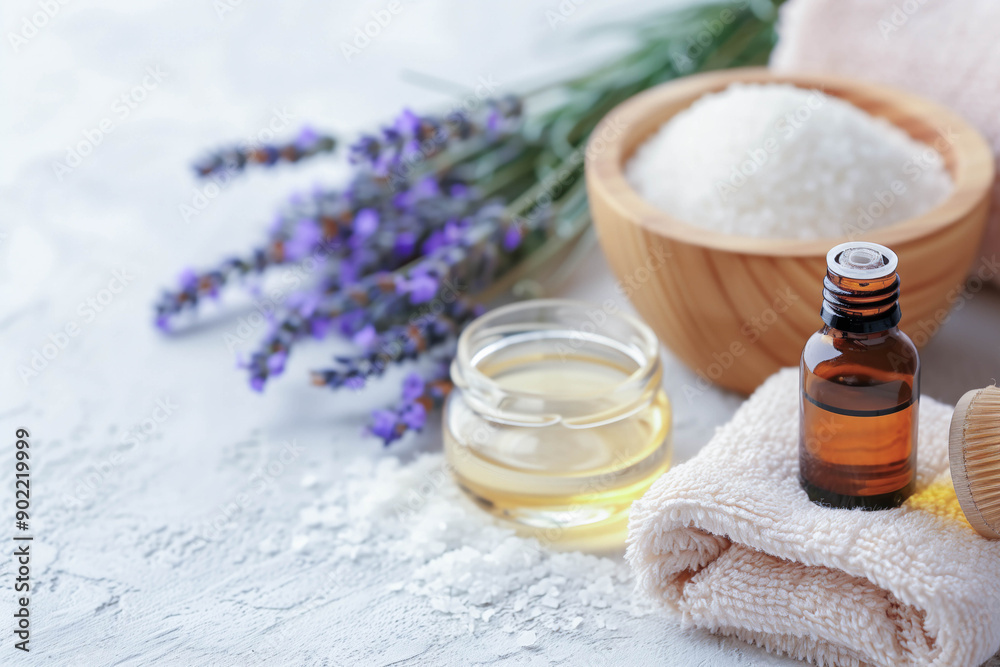 Spa Setup with Essential Oils, Lavender, and Bath Salts Spa Setup with Essential Oils, Lavender, and Bath Salts