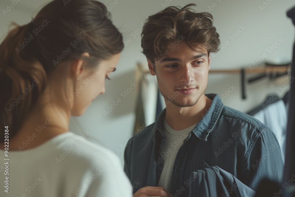 Young Couple in a Closet, Searching for Clothes Young Couple in a Closet, Searching for Clothes