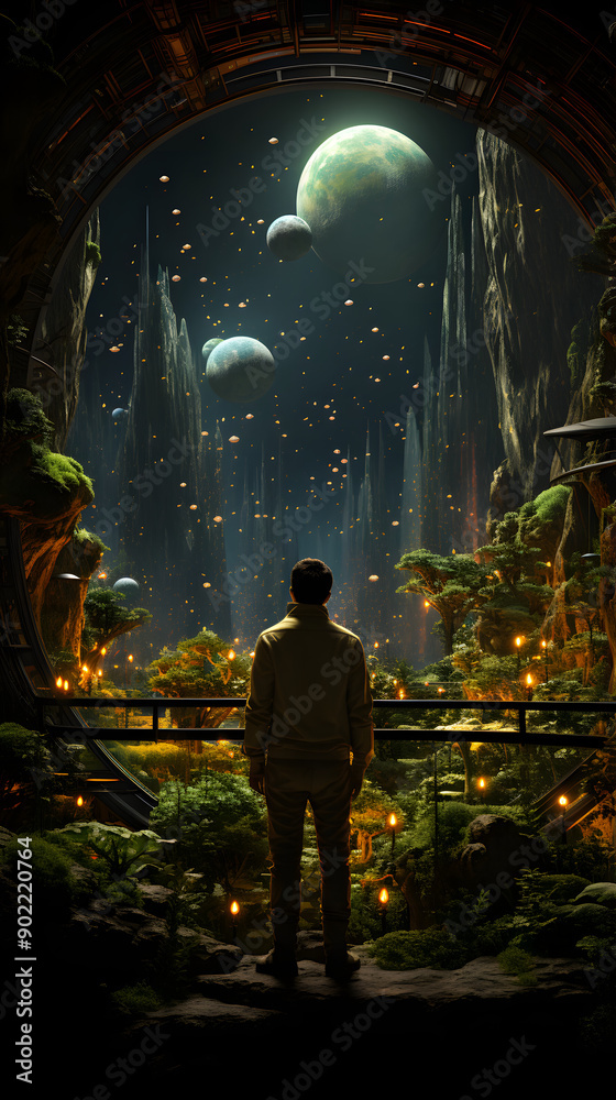 Fototapeta premium A lone figure stands in a futuristic, moss-covered garden, gazing out at a breathtaking view of a night sky filled with stars, planets, and glowing orbs. 