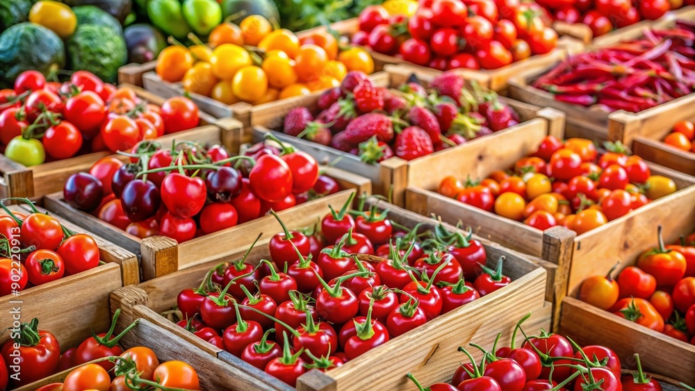 Freshly Picked Cherry Vegetables in Wooden Crates Freshly Picked Cherry Vegetables in Wooden Crates