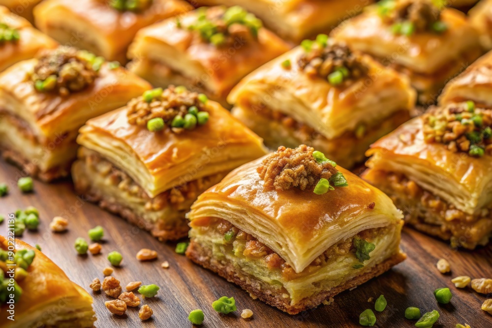 Golden layers of flaky puff pastry intertwined with crunchy nuts and sweet spices, artfully arranged to showcase traditional Turkish baklava dessert's indulgent beauty. Golden layers of flaky puff pastry intertwined with crunchy nuts and sweet spices, artfully arranged to showcase traditional Turkish baklava dessert's indulgent beauty.