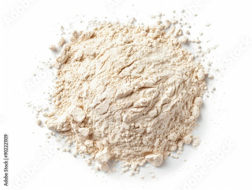 A neat pile of flour rests on a white background, ready for various culinary uses and baking adventures