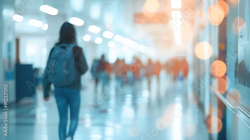 Students walk through a busy hallway, with blurred bokeh effects highlighting their movements in an academic environment