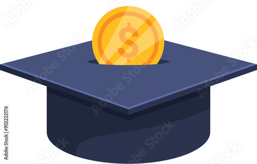 Graduation cap receiving a gold coin, symbolizing investment in education, scholarships, and student loans