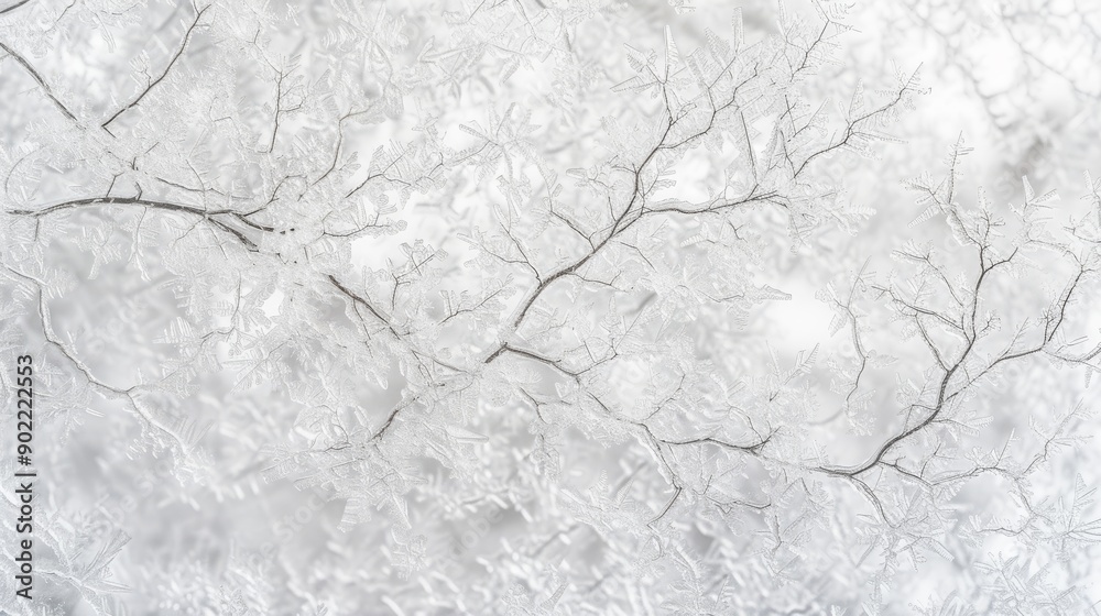 Snow-covered tree branches with intricate frost patterns, winter wonderland concept Snow-covered tree branches with intricate frost patterns, winter wonderland concept