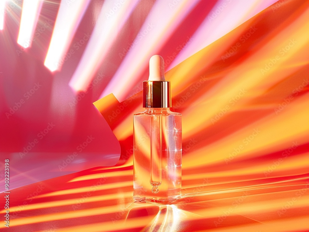 Brightening serums, precise diagonal layout, over a radiant, sunrise motif Brightening serums, precise diagonal layout, over a radiant, sunrise motif