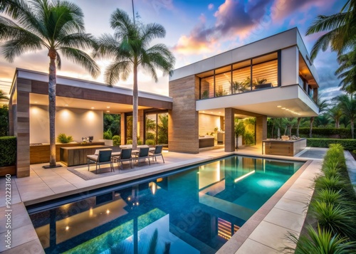 Luxurious modern home in West Palm Beach with immaculate landscaping, sparkling pool, and sleek outdoor kitchen amidst a tranquil tropical oasis.