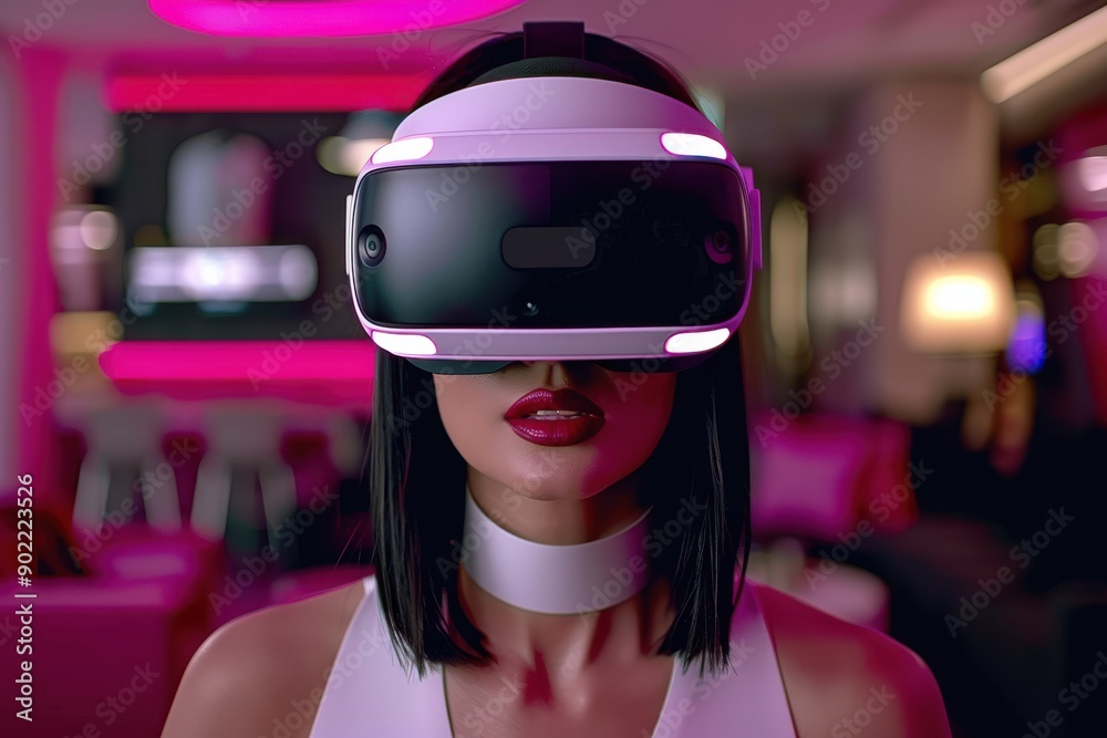 A futuristic scene featuring a woman with straight black hair, wearing a sleek VR headset that covers her eyes. The background is filled with vibrant neon pink and purple lights, adding a cyberpunk. A futuristic scene featuring a woman with straight black hair, wearing a sleek VR headset that covers her eyes. The background is filled with vibrant neon pink and purple lights, adding a cyberpunk.
