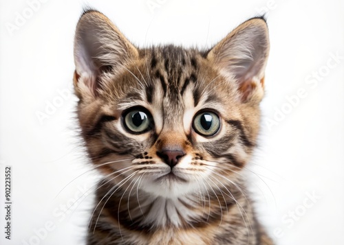 Adorable tabby kitten displays a comical mix of surprise, skepticism, and uncertainty with wide eyes and a puzzled expression, looking straight into the camera.