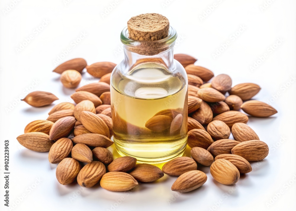 A clear glass bottle of fragrant almond oil sits amidst a sprinkling of brown almonds on a clean white background, evoking feelings of serenity and wellness. A clear glass bottle of fragrant almond oil sits amidst a sprinkling of brown almonds on a clean white background, evoking feelings of serenity and wellness.