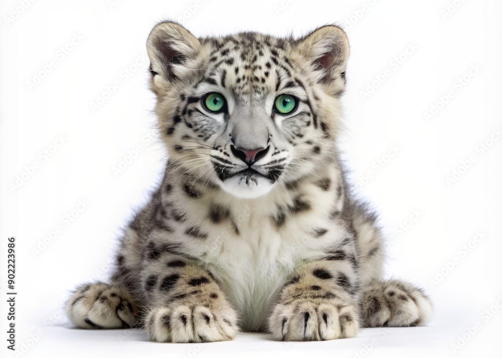 Adorable snow leopard cub with grey and white fur and bright green eyes sits alone on a pure white background, showcasing its innocence and beauty. Adorable snow leopard cub with grey and white fur and bright green eyes sits alone on a pure white background, showcasing its innocence and beauty.