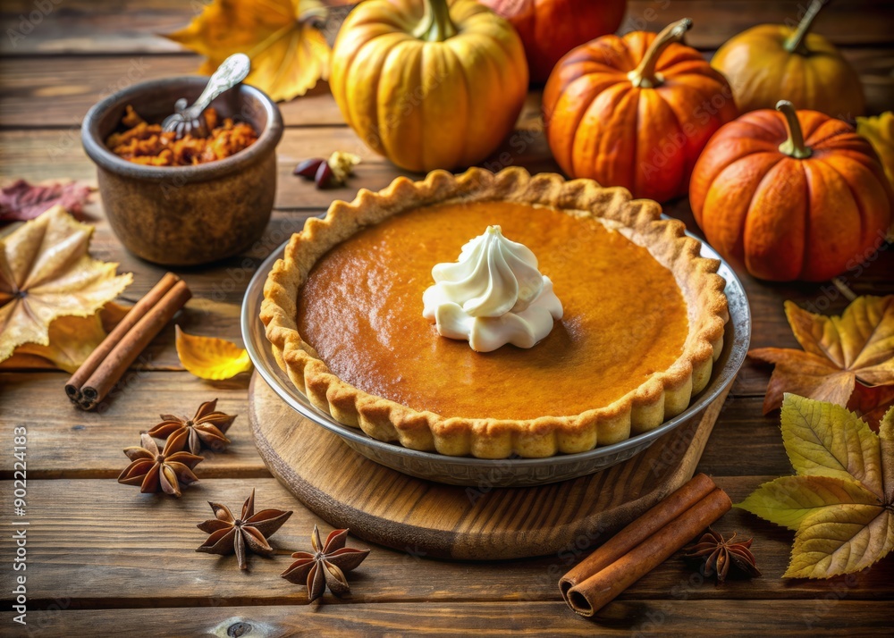 Warmly lit, golden crust pumpkin pie with whipped cream and cinnamon sticks, on rustic wooden table, surrounded by fall leaves and pumpkins, with space for text. Warmly lit, golden crust pumpkin pie with whipped cream and cinnamon sticks, on rustic wooden table, surrounded by fall leaves and pumpkins, with space for text.