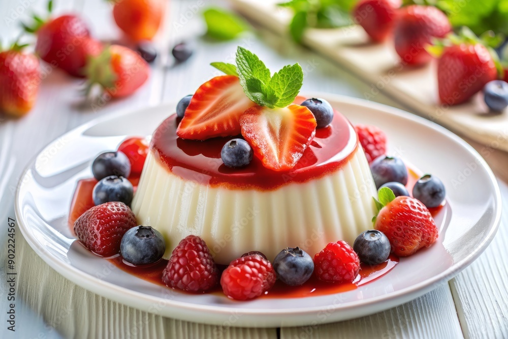 Creamy panna cotta dessert topped with vibrant strawberry sauce and fresh mixed berries, beautifully arranged on a white table, awaiting your textual delight. Creamy panna cotta dessert topped with vibrant strawberry sauce and fresh mixed berries, beautifully arranged on a white table, awaiting your textual delight.