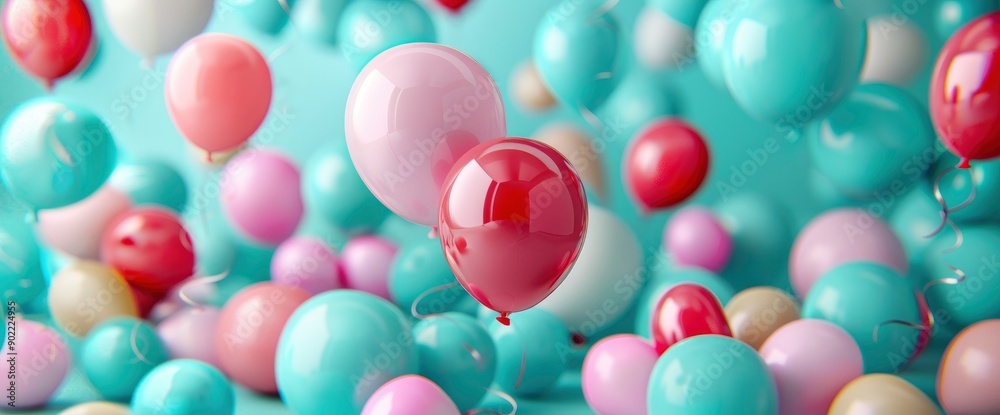 Light Blue Balloons In The Background, Featuring Punchy Pastel Colors And A Soft-Focus, Creating A Festive Party Atmosphere Light Blue Balloons In The Background, Featuring Punchy Pastel Colors And A Soft-Focus, Creating A Festive Party Atmosphere