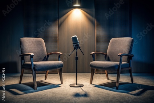 Two empty chairs with microphones positioned in a dimly lit interview room, creating an intimate setting for podcasters and media conversationalists, with ample copyspace for branding.