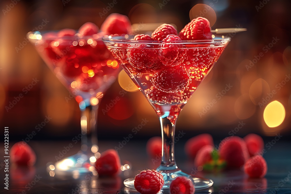 a couple of glasses with raspberries in them. a couple of glasses with raspberries in them.
