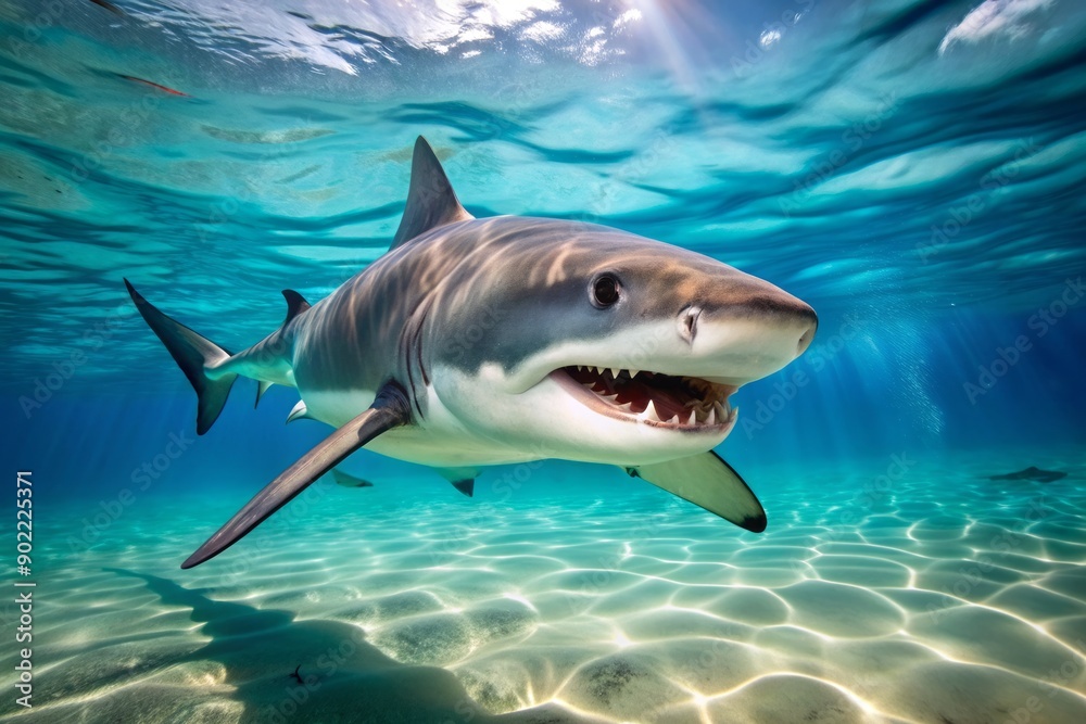 Obraz premium Fearsome shark with razor-sharp teeth cruises through turquoise waters, its ominous fin slicing the surface, hunting for prey in the vast, open ocean habitat.
