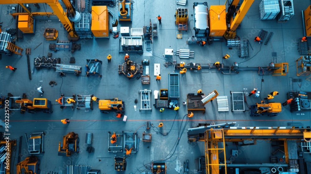 An overhead view of a bustling metalwork factory floor, showcasing various workstations, machinery, and workers engaged in different stages of metal fabrication An overhead view of a bustling metalwork factory floor, showcasing various workstations, machinery, and workers engaged in different stages of metal fabrication