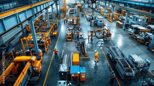 An overhead view of a bustling metalwork factory floor, showcasing various workstations, machinery, and workers engaged in different stages of metal fabrication