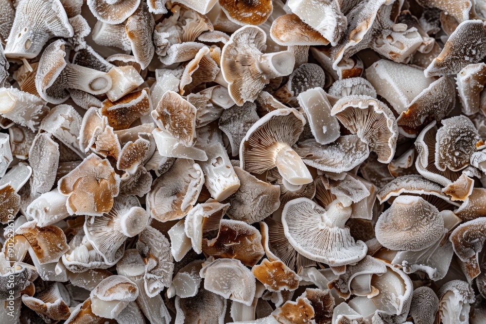 Close-up of frozen chopped mushrooms, with a firm texture and earthy color. Frozen minced mushrooms, ideal for adding flavor to soups, risottos and various dishes. Close-up of frozen chopped mushrooms, with a firm texture and earthy color. Frozen minced mushrooms, ideal for adding flavor to soups, risottos and various dishes.