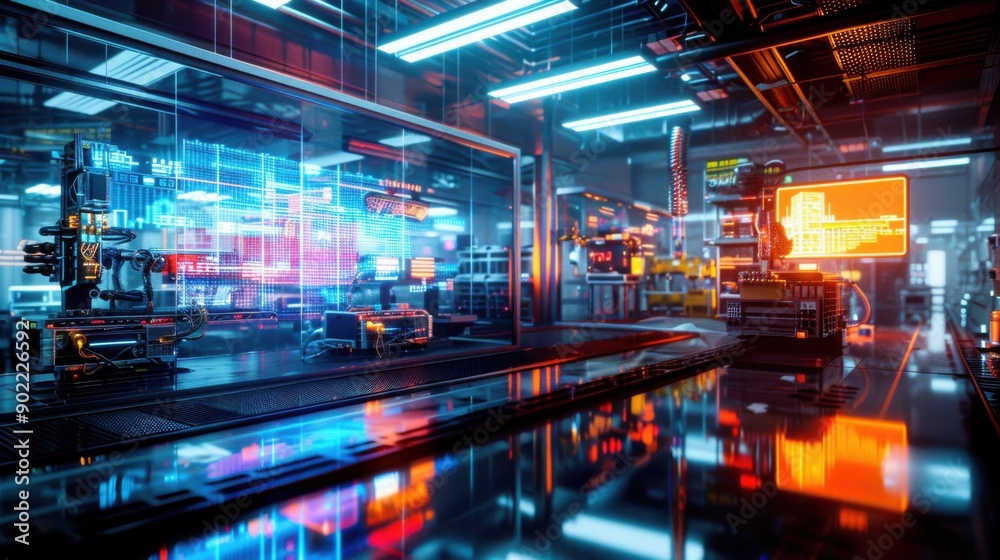Naklejka premium A futuristic factory interior bathed in a blue and purple neon glow, featuring human-like robots working alongside high-tech glass and ceramic machinery. The scene is illuminated with soft, colorful