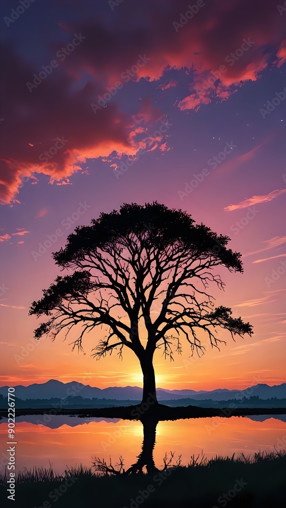 A serene silhouette of a lone tree against a colorful sunset sky, digital style A serene silhouette of a lone tree against a colorful sunset sky, digital style