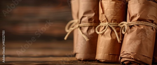 Rolls Of Craft Papers On A Wooden Background, Ready For Creative Projects