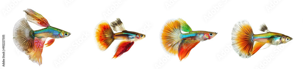 Fototapeta premium Four Vibrant Guppy Fish with Colorful Tails