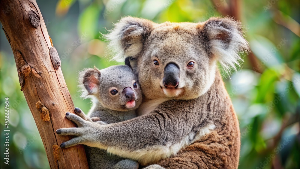 Obraz premium Adorable mother koala cradles her tiny joeey in a tight warm embrace, showcasing the unbreakable maternal bond between the tender marsupial duo in their natural habitat.