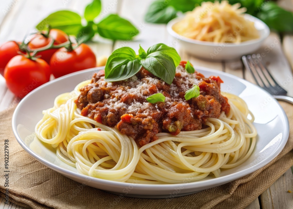 Freshly cooked spaghetti bolognese with rich meat sauce, sprinkled with parmesan cheese and garnished with fresh basil leaves on a white ceramic plate. Freshly cooked spaghetti bolognese with rich meat sauce, sprinkled with parmesan cheese and garnished with fresh basil leaves on a white ceramic plate.