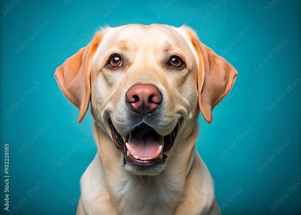 Adorable yellow labrador retriever dog with tongue out and big smile, looking directly forward, isolated against a bright blue studio background.