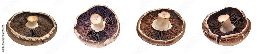 Four Creamy Brown Mushrooms Isolated Against a Black Background