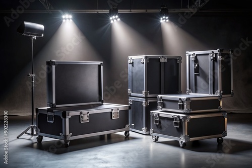 Dark minimalistic studio setup showcases a sleek arrangement of empty road cases for professional filming equipment, illuminated by subtle ambient light, exuding industrial elegance. photo