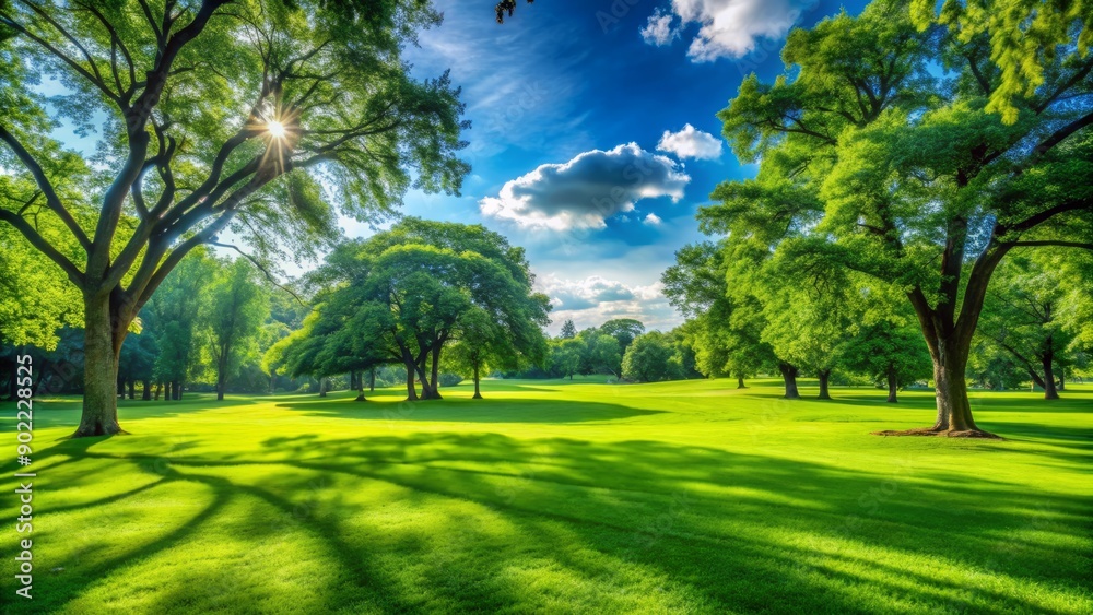 Serene green lawn stretches beneath a blue sky, with lush trees providing shade and a natural frame for copyspace, perfect for nature-inspired designs.