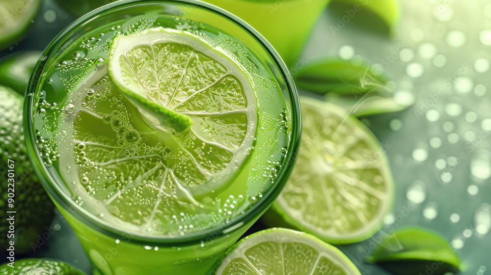 Refreshing Green Lime Drink with Ice and Lime Slices in a Glass on a Green Background Refreshing Green Lime Drink with Ice and Lime Slices in a Glass on a Green Background