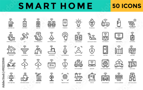 Smart Home icons set with smart door lock, smart phone, smart lock, smart speakers, handphone, smart bulb, fire detection, router, smart refrigerator, solar system icon. Simple line vector 

