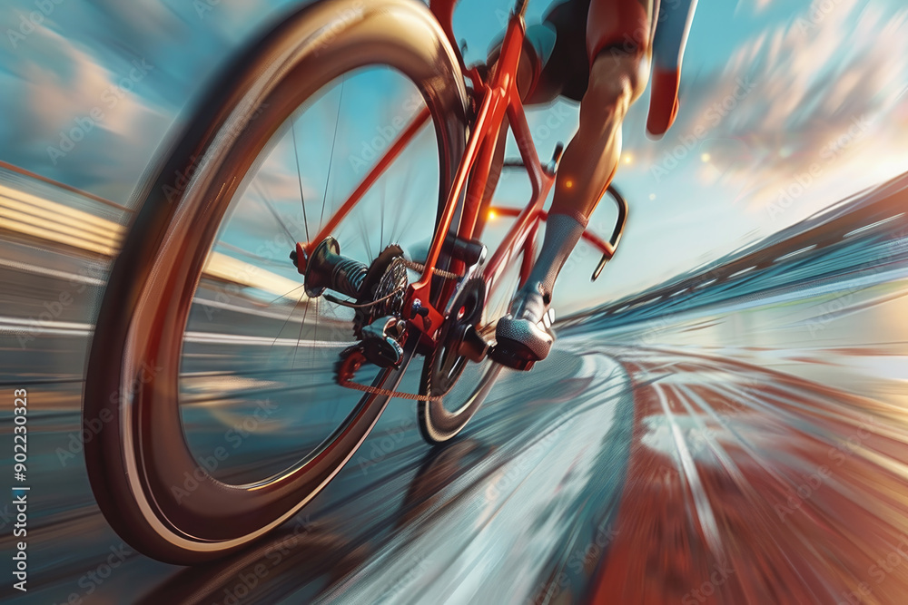 Naklejka premium Dynamic Cyclist in Motion on a Racing Track with Blurred Background Capturing Speed and Energy