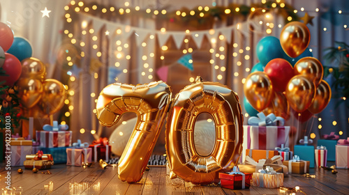 Golden 70th Birthday Celebration with Balloons, Gifts, and Festive Lights in a Warm, Cozy Setting photo