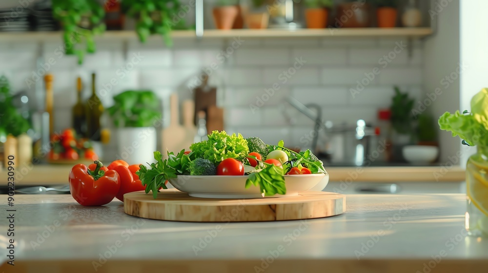 Fresh vegetable salad in a modern kitchen with wooden accents, surrounded by lush green plants and vibrant vegetables. Fresh vegetable salad in a modern kitchen with wooden accents, surrounded by lush green plants and vibrant vegetables.