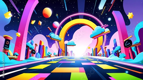 Neon road through futuristic city suitable for urbanthemed designs. Buildings and rings in vibrant colors create a modern atmosphere. photo