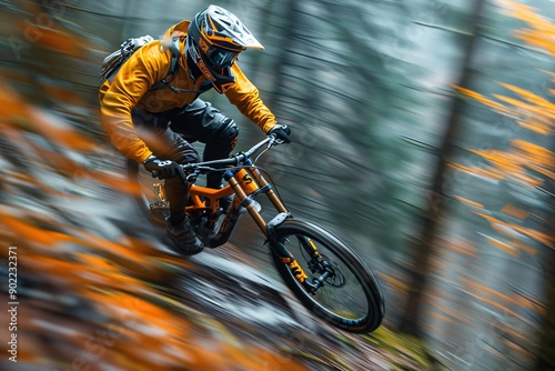 Intense image of a mountain biker mid-air during a downhill race