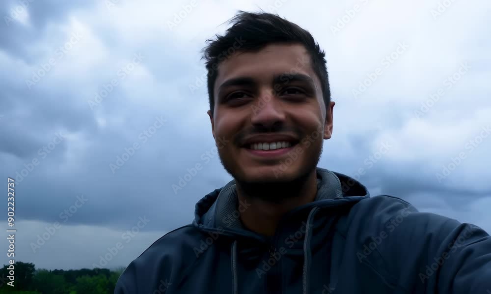 Medium shot portrait video of a pleased man in his 20s wearing a comfortable tracksuit against a dramatic stormy sky background Medium shot portrait video of a pleased man in his 20s wearing a comfortable tracksuit against a dramatic stormy sky background