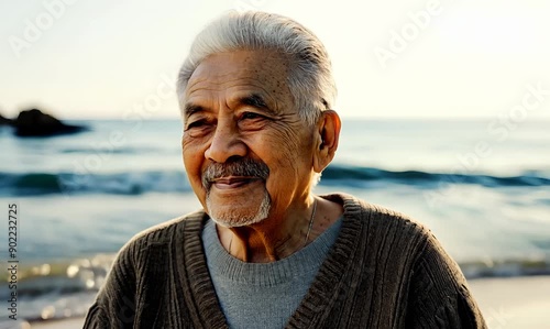 Medium shot portrait of a Indonesian man in his 90s in a beach background wearing a chic cardigan photo