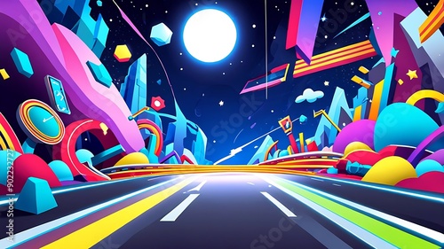 Neon road through futuristic city suitable for urbanthemed designs. Buildings and rings in vibrant colors create a modern atmosphere. photo