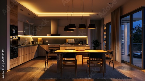 Modern Kitchen with Warm Lighting and Wooden Accents