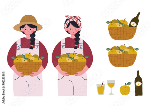 梨が入ったバスケットを抱える農家の女性のイラスト