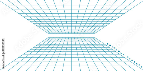 Abstract 3D grid with wireframe mesh creating a perspective tunnel. Futuristic geometric shape with retro Y2K and cyberpunk elements. Digital art in cool neon tech style.