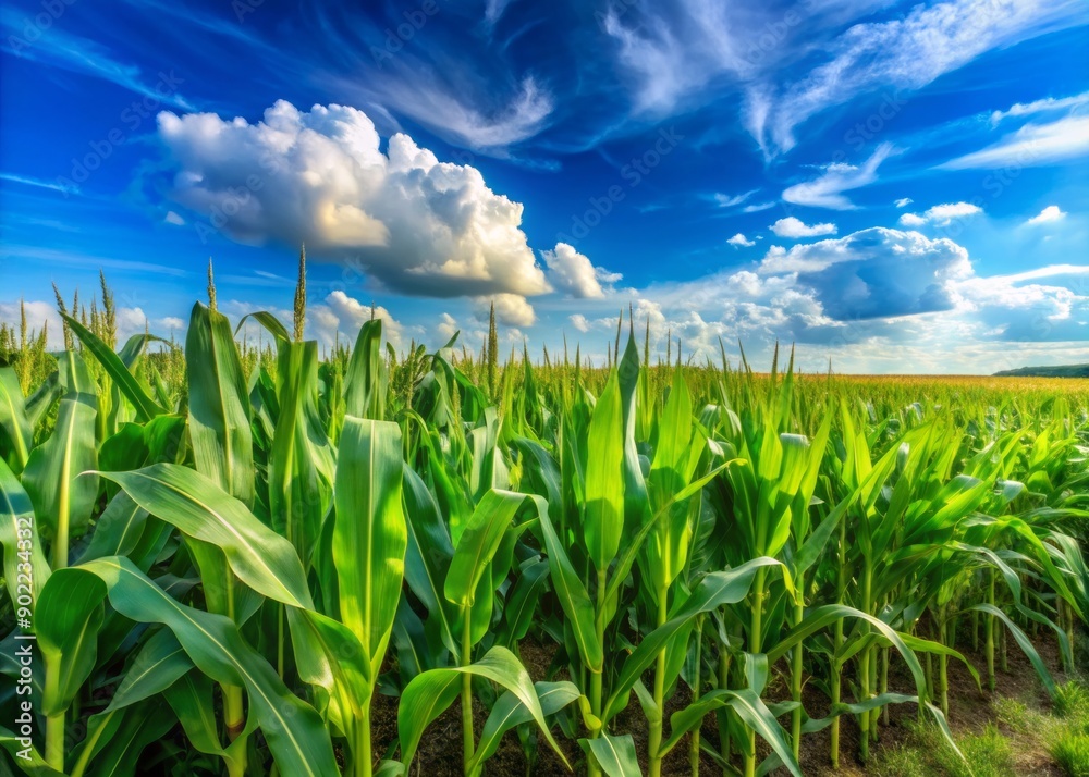 Fototapeta premium Vibrant green cornstalks stretch towards a brilliant blue sky in a serene rural Iowa landscape, showcasing the heartland's lush agricultural heritage and rolling farmland.