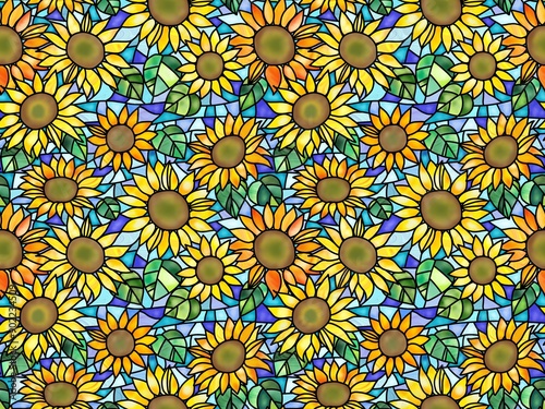 ヒマワリのステンドグラスのシームレスパターン　B-1'