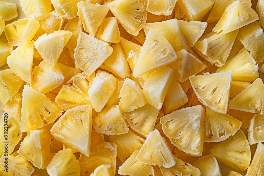 Close-up of small frozen pineapple chunks, perfect for refreshing drinks, desserts or tropical dishes. Frozen pineapple chunks with a sweet flavor.